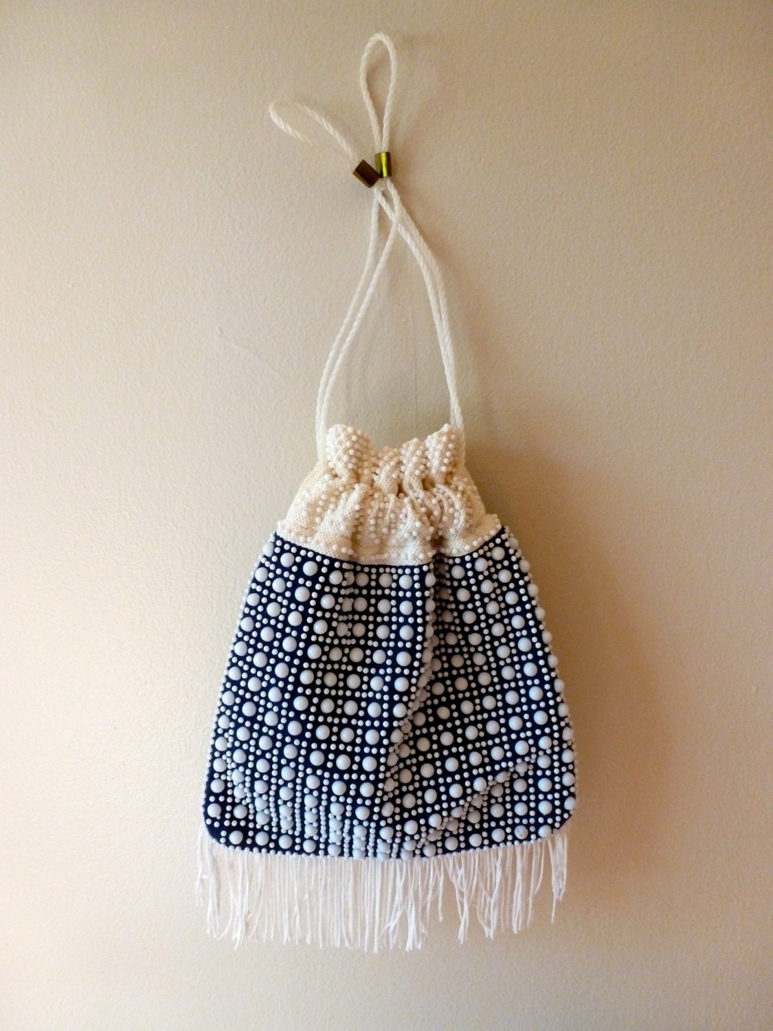 70's Candy Bead Pouch Purse in Navy and White