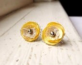 Yellow Earrings, Small Round Fabric Studs, Yellow and Grey Lace, Yellow Gray, Yellow Bridal, Bridesmaid Accessories