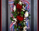 PATRIOTIC LARGE WREATHS Americana Wreath 4th of July Swag Deco Mesh Bow Red White Blue Decor Summer Wreaths