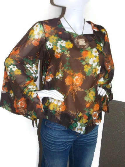 Vintage Brown Floral Kimono Style Top 70s - Boho