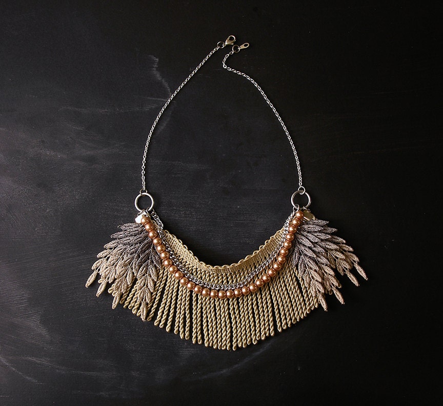 ombre fringe necklace - the no. 022- lace necklace- spring 2013- gray and tan - statement necklace