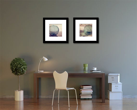 Beach Glass Photography - Glass Fishing Float - Glass Balls - Set of Two (2) Beach Decor - 10x10 Photography - Aqua Tan Beach Decor