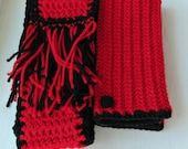 Red and Black Scarf and Glove Set, extra long fringe scarf, crochet