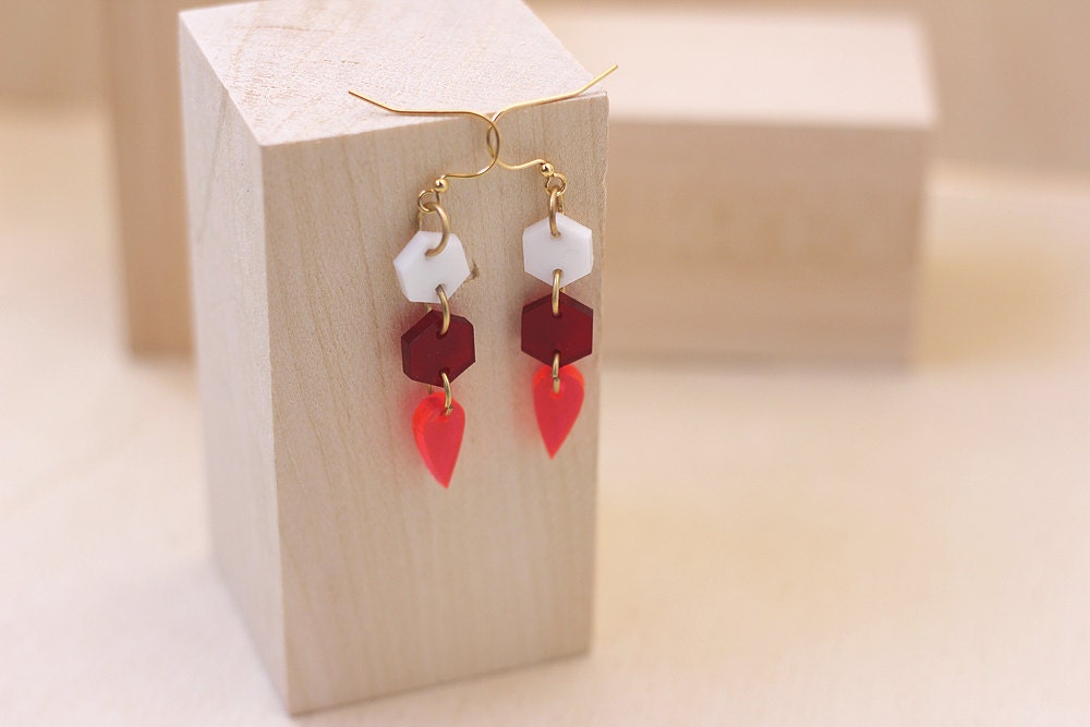 Strawberry Ice Cream - Geometric Dangle Earrings - 2 Hexagons and a Leaf in White Red and Fluorescent Pink Acrylic