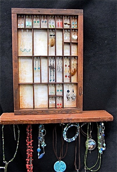 Wall Hanging Jewelry Organizer  with shelf . Earring holder. Accessory storage