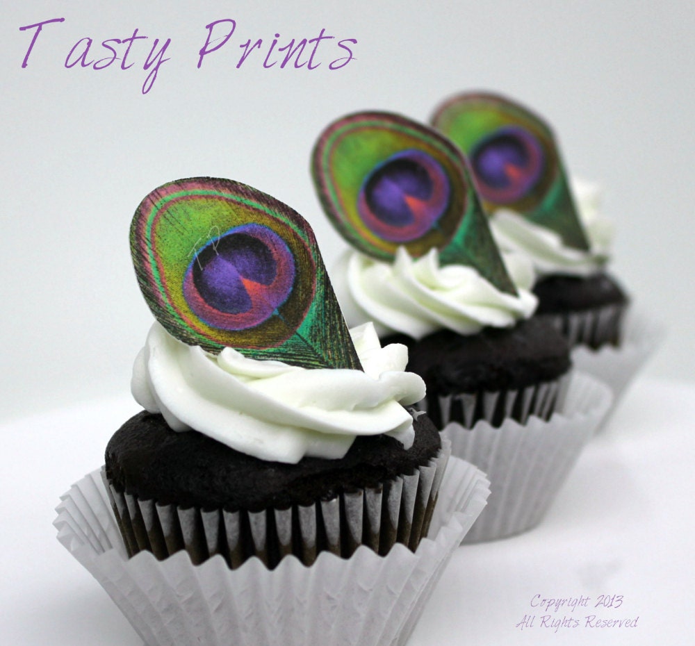 12 EDIBLE Peacock Feathers - Purple Fuchsia - Cupcake topper - cake decoration Il_570xn