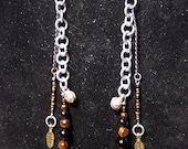 tigers eye, feather charms long earrings