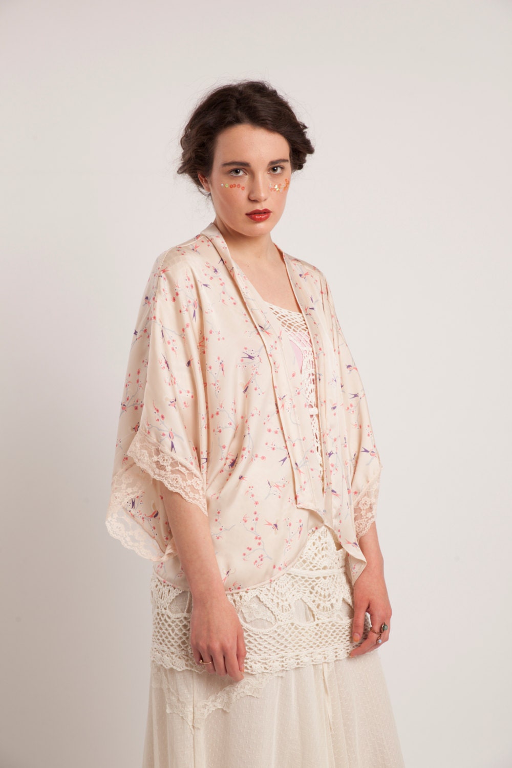 Rose Kimono Jacket with Floral and bird print, Kimono robe, Beach cover up, Lounge wear, Bridal lingerie