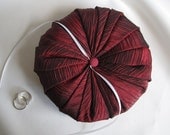 The Wedding Pouf- Round Ring Bearer Pillow in Wine Satin with Satin Button and White Ribbon