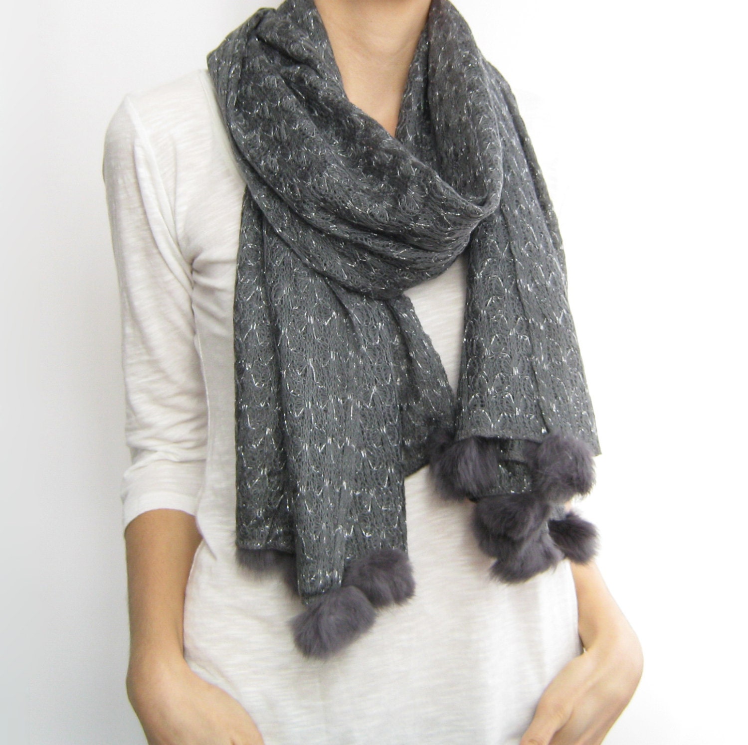 Gray knit fabric scarf, tricot scarf, shiny stole