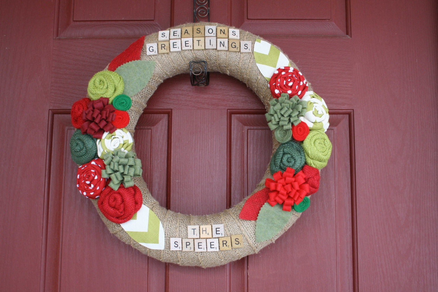 Personalized Christmas Burlap Wreath/Scrabble Letters/Burlap, Fabric, Felt Flowers/Chevron