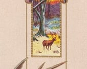 BIRTHDAY GREETINGS Vintage Embossed and Gilded Linen Postcard, 1900s, Julius BIEN & Co., Swallow, Deer, Forest, 850 8503