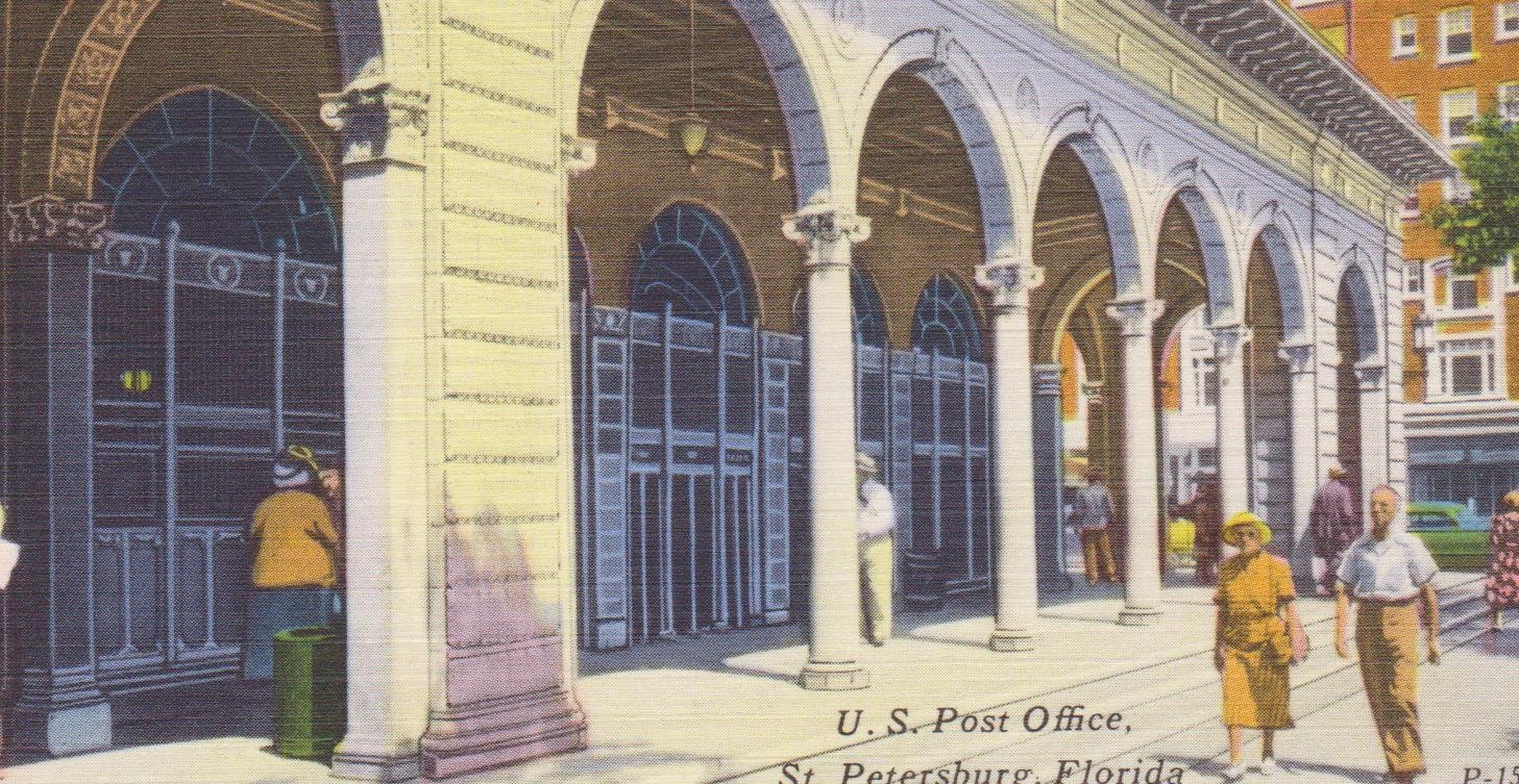 St. PETERSBURG, FLORIDA - POST Office, Vintage Linen Postcard, c. 1940s - 1950s, Tichnor Bros.