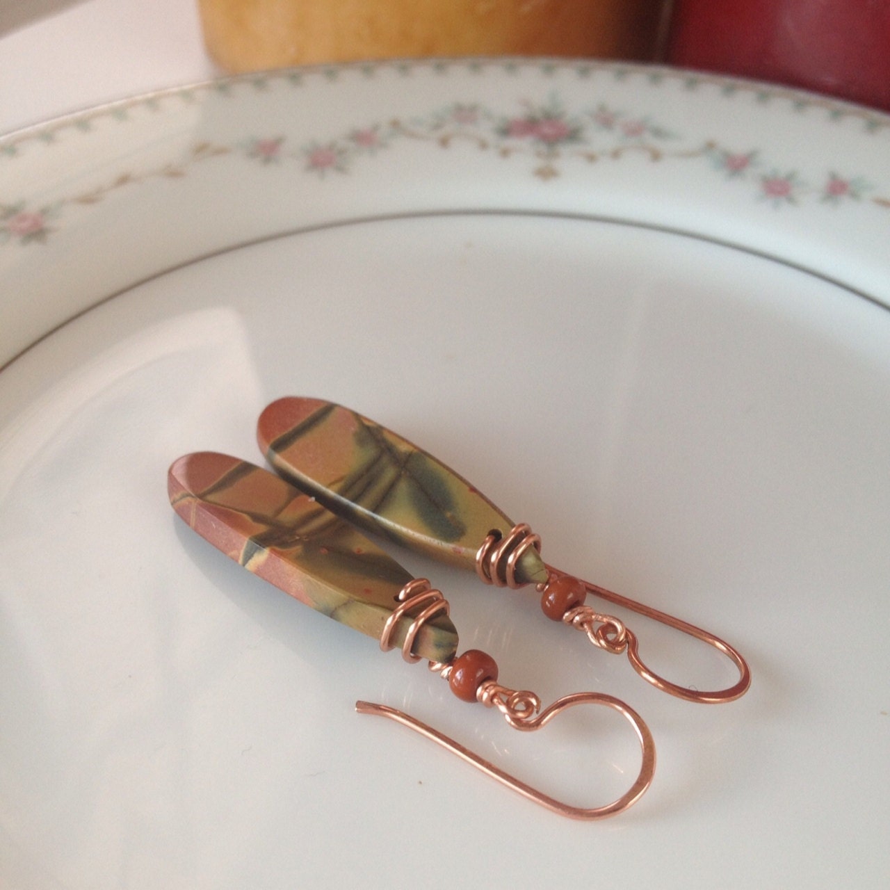 Red Creek Jasper Gemstone Earrings, Wire Wrapped Copper, Red Brown Green Stone Dangle Earrings, Statement Earrings, Boho Bohemian Earthy