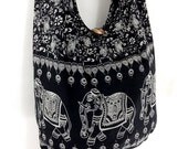 Handmade Cotton  Elephant Printed  Hippie  Hobo bag Boho bag Shoulder bag Sling bag Messenger bag Crossbody Purse - black