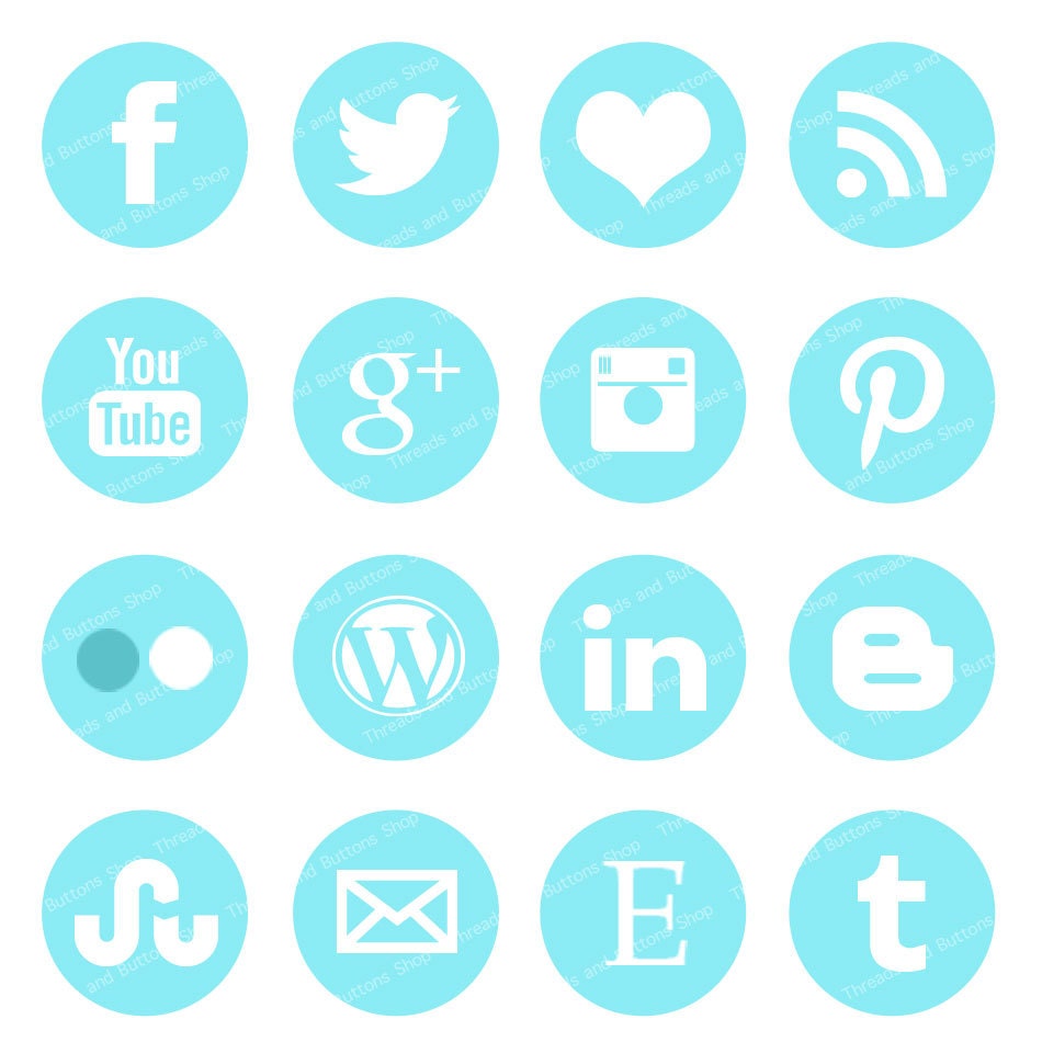 16 Piece Sky Blue Blog / Web Button Set: Social Media Buttons to Help Your Corner of the Web Look More Unique