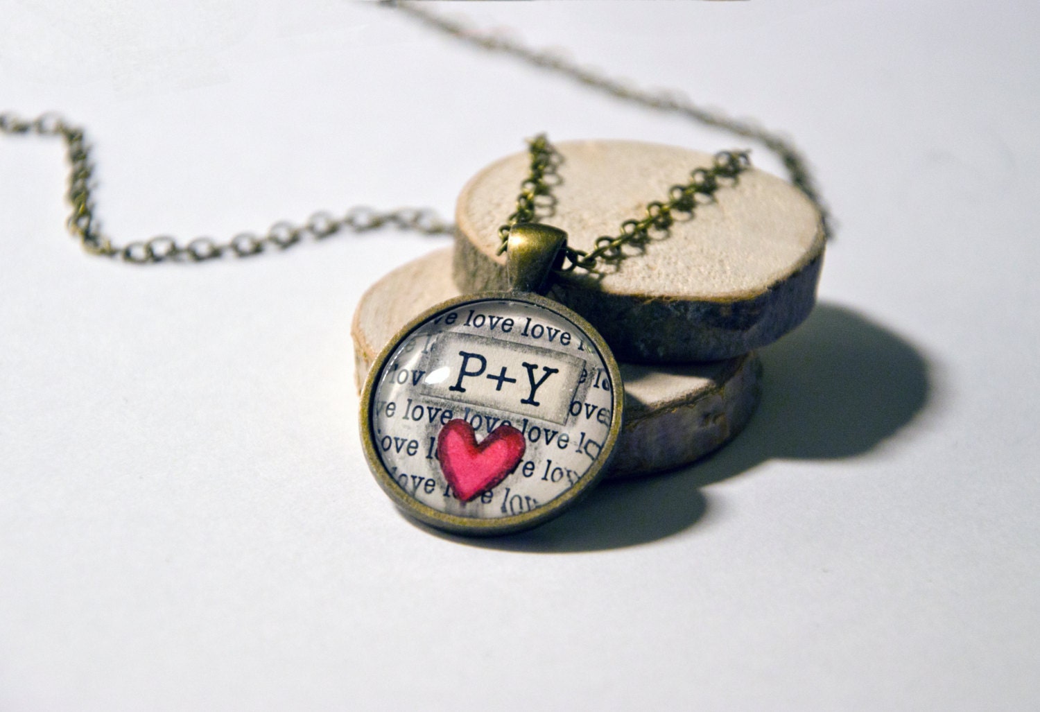 Love Necklace, Heart and Initials  - Round Bronze and Silver Pendant, Charm, Necklace - Chain Included
