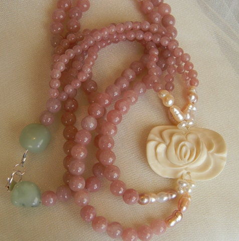 Rose quartz w/ baroque pearls & carved bone rose necklace , beaded jewelry , Bride Maid's jewelry , handmade Chinese gemstone beads jewelry