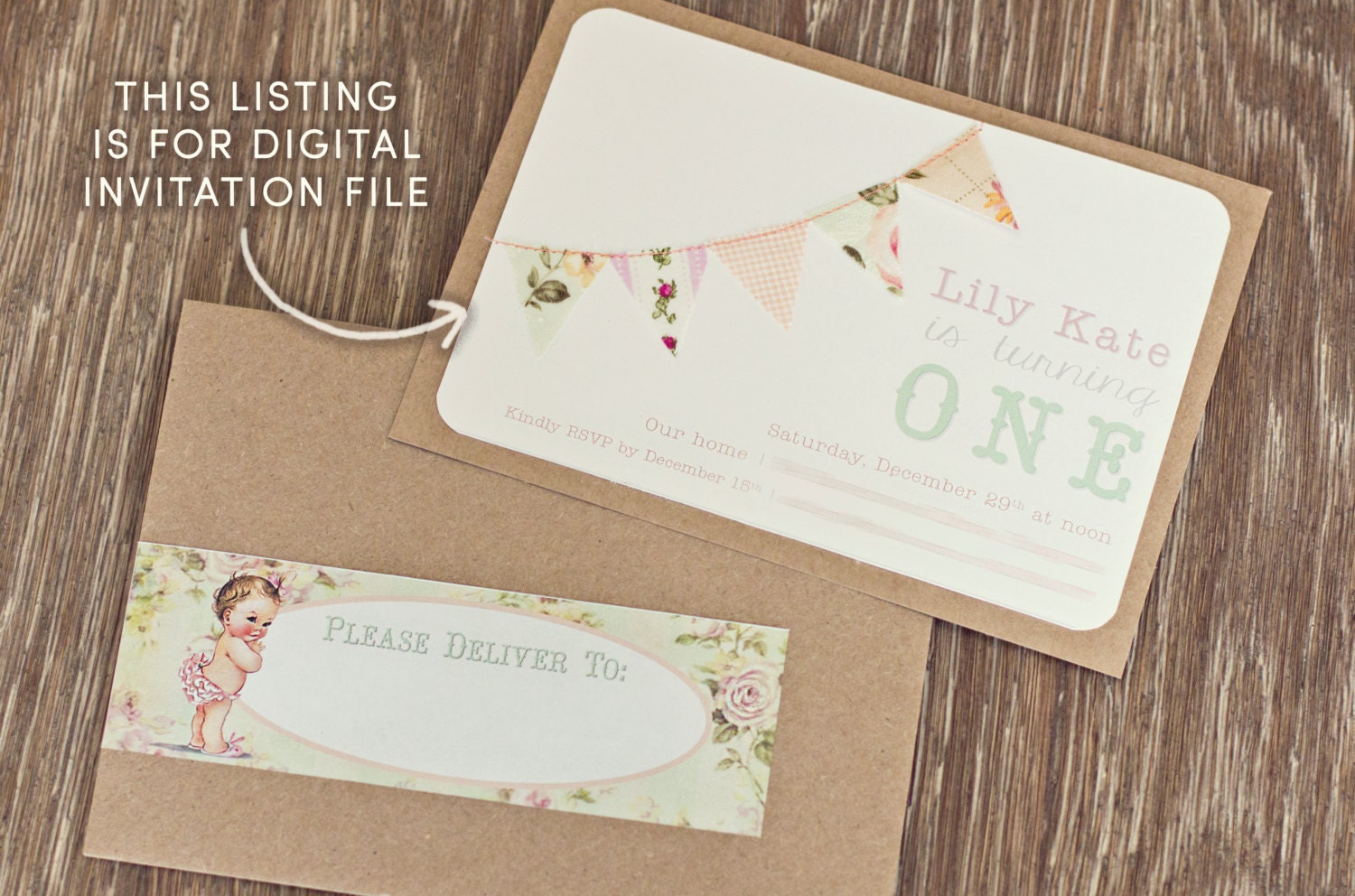 PERSONALIZED & CUSTOM Invitation - Shabby Chic, Vintage, First, Birthday, Baby, Shower, Girl, Bunting, Pennants, -  PDF File, You Print