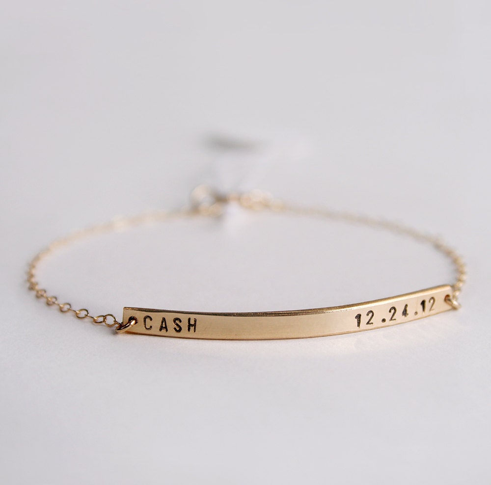 Skinny bar bracelet - Personalized nameplate bracelet  with tiny font - Initial bracelet - 14k gold fill