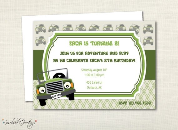 Jeep Safari Adventure Birthday Party or Boy Baby Shower Invitation - adventure, jeep, green - digital file, printable, print yourself Il_570xn