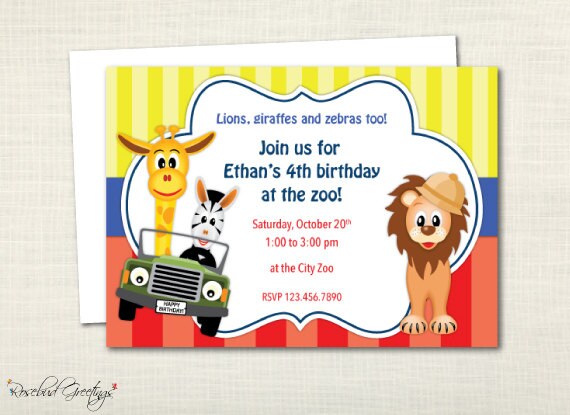 Zoo Birthday Party or Baby Shower Invitation - lion, giraffe, zebra, jeep, animal, red, yellow, blue - digital file, printable Il_570xn