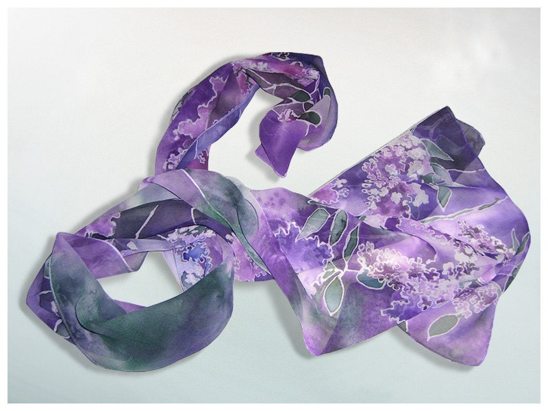 Silk scarf 'Lilac' hand painted - violet, lila, purple, green. - MinkuLUL