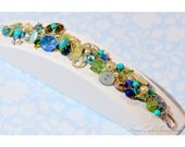 Button charm bracelet, blue green, chunky, silver, eclectic, vintage beads, pearls, MOP, crystal, women's summer jewelry, handmade