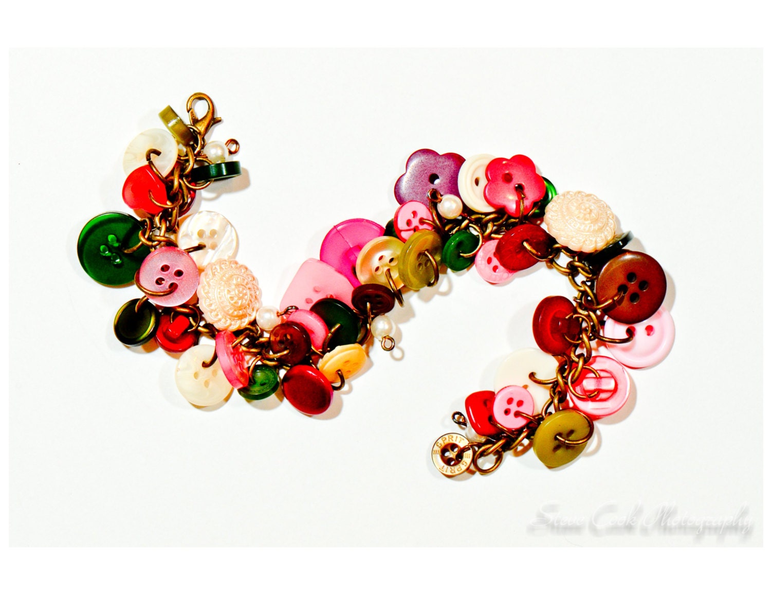 Button charm bracelet, pink burgundy green cream, pearls, gold, vintage Victorian shabby style, handmade women's summer jewelry