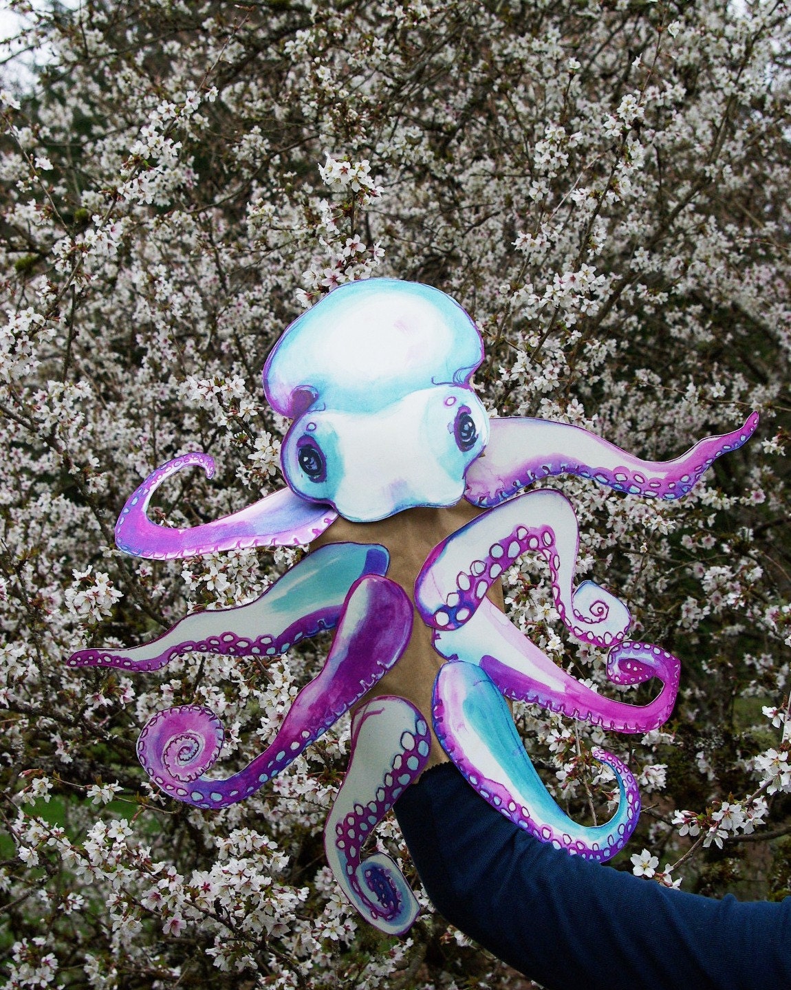Fuchsia Octopus Puppet Kit - Full Color DIY Paper Bag Wonder - Teal Illustrated Toy - MariahScee