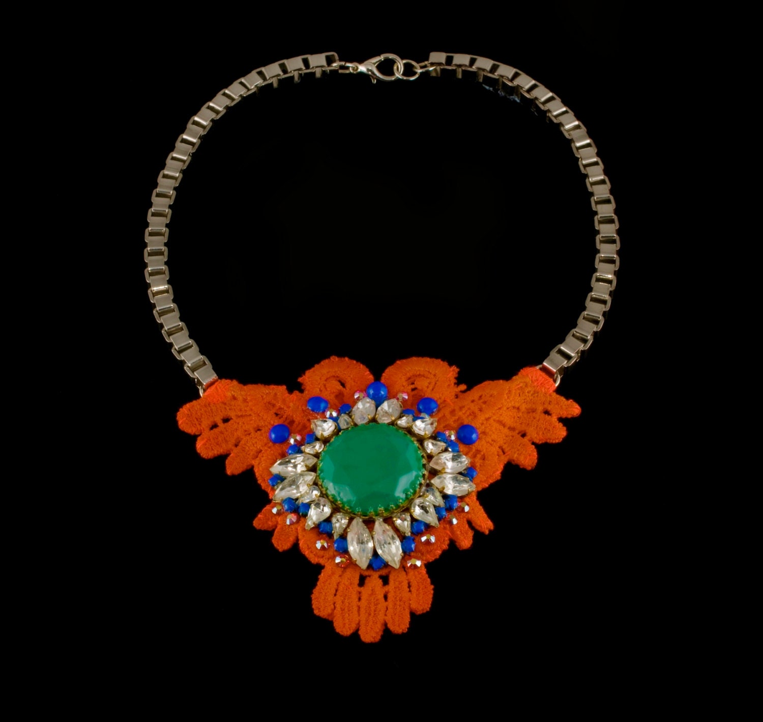 Vintage Embellished Neon Orange Lace, OOAK statement Necklace