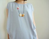 Crochet necklace with wooden beads in handmade for women / flower motif jewelry, accessory / White, Yellow, Orange / Cotton yarn, silver