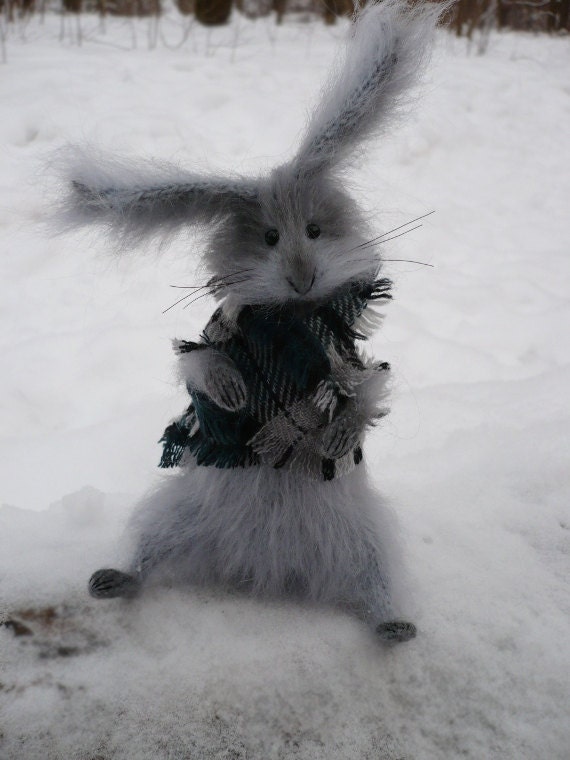 Gray hare in a scarf, Miniature soft sculpture, Wild animals, MADE TO ORDER.