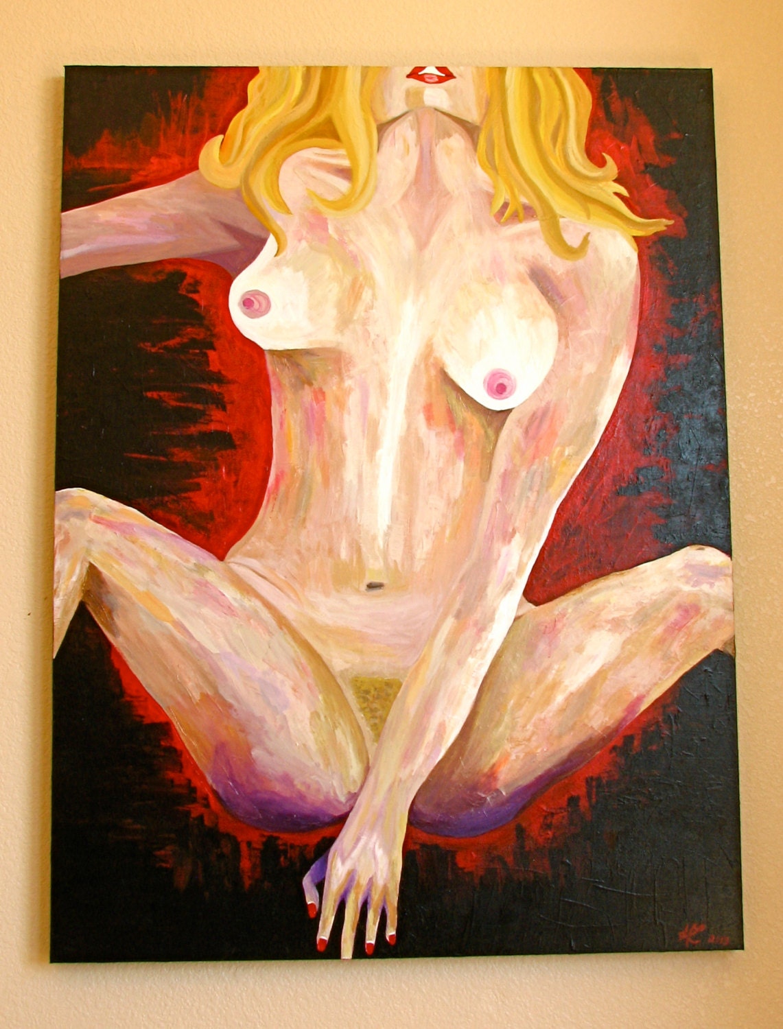 Original Erotic Abstract Nude: "Unapologetic". Acrylic Art on Oversized Canvas. Red, Orange, Yellow, Purple, Pink, 36" x 48" x 1 3/8"