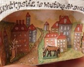 Original painting diorama, OOAK 3d miniature original art, fantastic calming village with handpainted 3d house, 3d street sign and 3d horse.