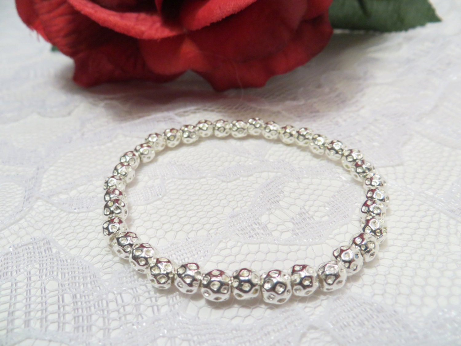 Cute and Romantic Stretch Beaded Silver Bracelet - Great for Modern Girls, Arm Candy Style, Fashion Jewelry, Trendy Jewelry