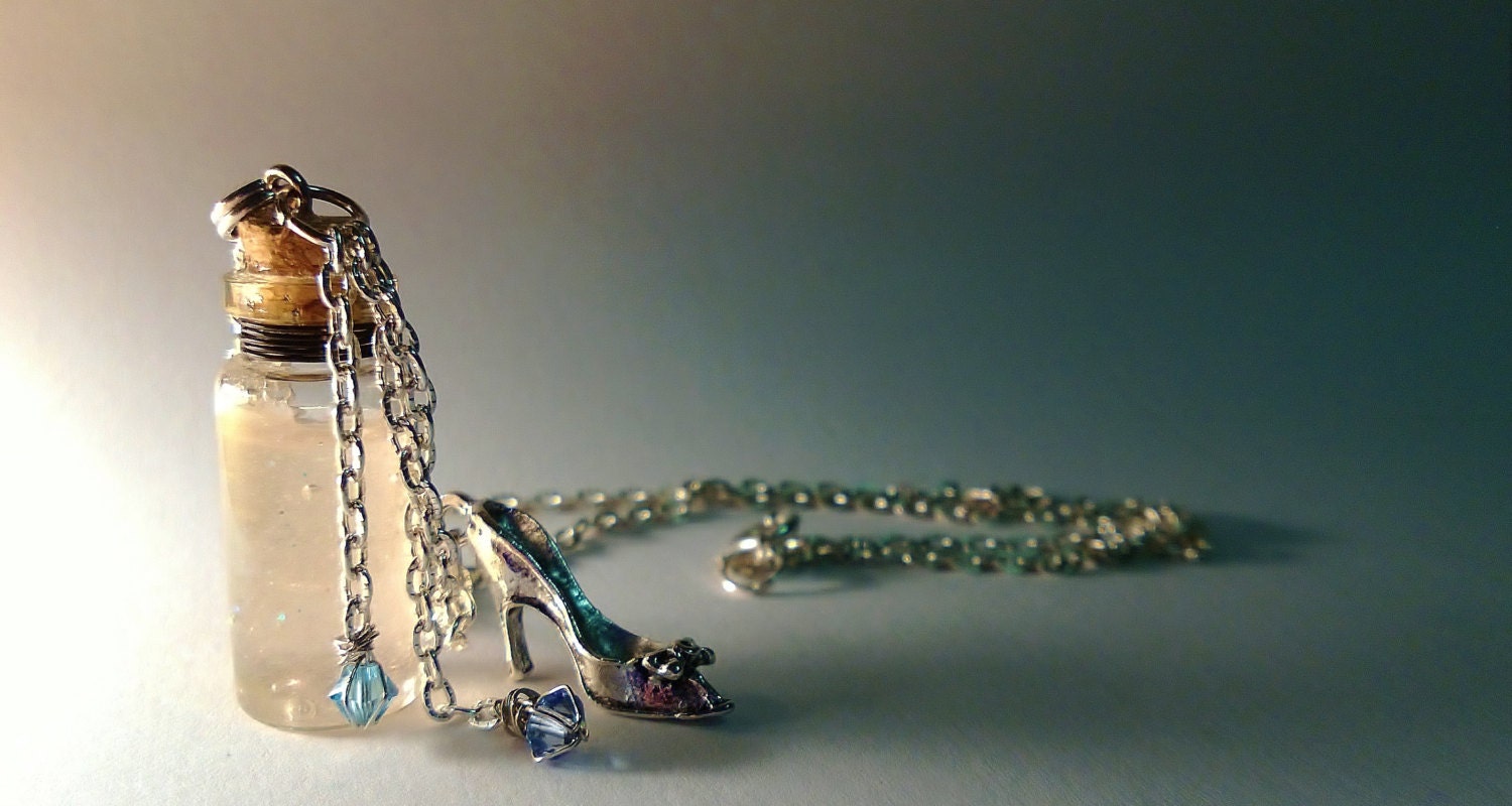 Cinderella Vial Necklace - Disney Inspired - Handmade, Corked Glass Bottle - Silver Slipper Shoe Charm