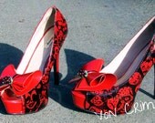CUSTOM DRAWN Zomberry Heels from Dead Berries. red and black psychobilly gothic punk rock black and red zombie strawberry heels.