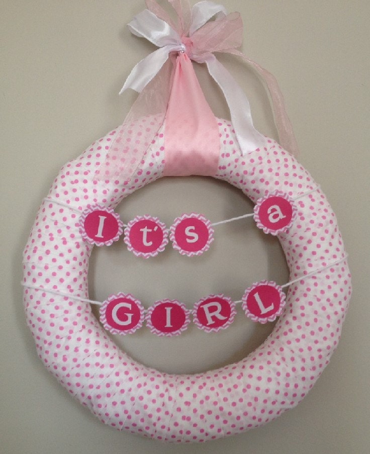 It's A Girl Pink Polka Dots Wreath w/chevron banner for hospital door, nursery decor, or baby shower