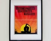 What We Think We Become Buddha Quotes - Yoga Art Inspirational Quotes Wall Art - Sunrise Painting Prints Fitness Motivation Quotes