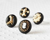 Victorian Pushpins Home Office Gift Set of 4 in Metallic Gold and Black Polymer Clay. Cameo, Laceup Boot, Fleur de Lis and Brooch