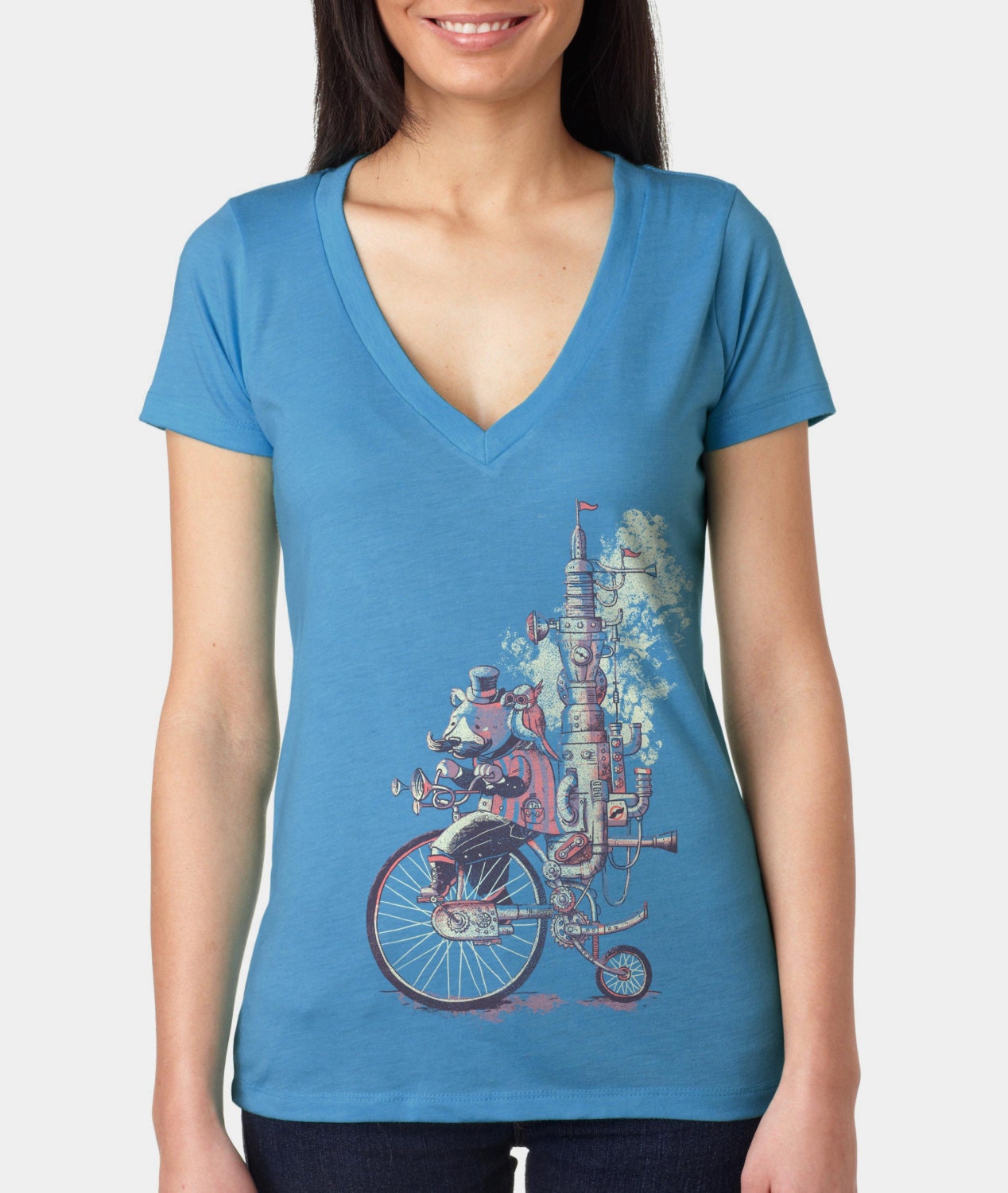 Womens Bear T Shirt, Steampunk Bicycle Tee, Penny Farthing, Dapper Animal TShirt, Teal, Available S M L XL XXL