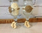mason jar WEDDING GLASSES/ burlap wedding , barnyard wedding / wine glasses bride and groom glasses- you design 