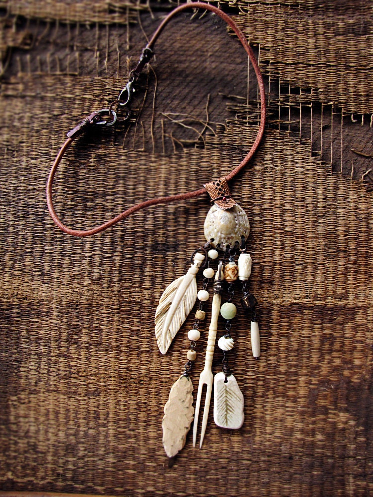 Talthied - tribal ethnographic necklace with bone charms, hammered metal and vintage components