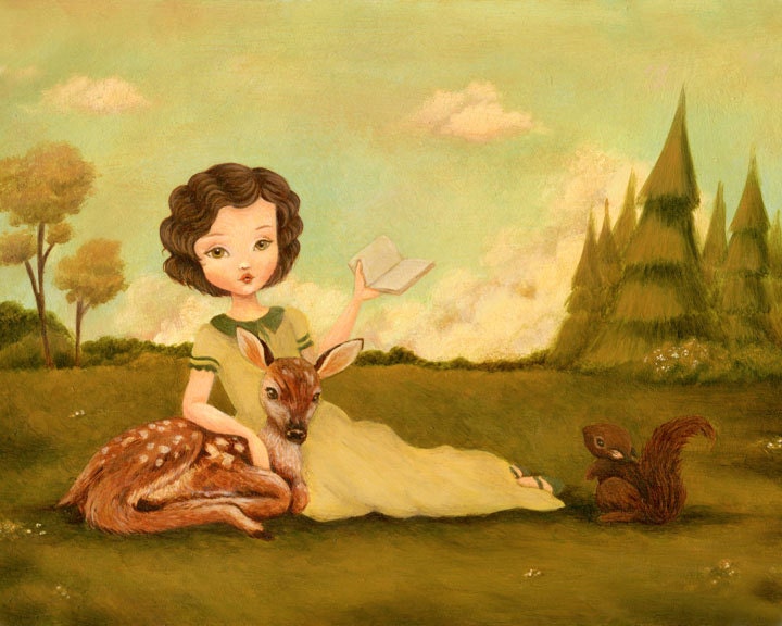 A Springtime Story - Children's Art, Print, Pale Yellow, Squirrel, Deer, Forest, Girl, Nursery, Cute, Kids, Grayed Jade, Woodland