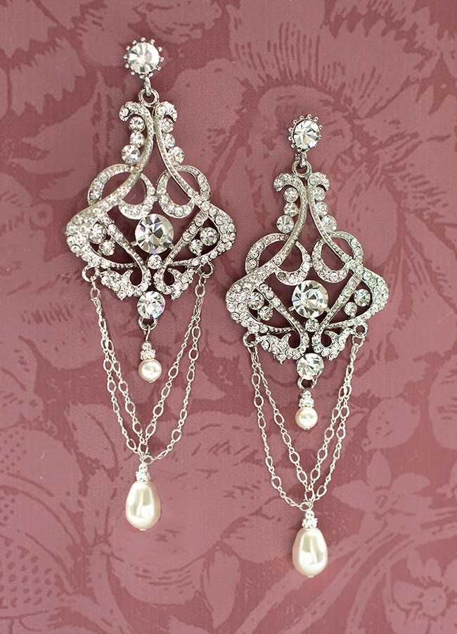 1920s Bridal Earrings, Vintage Bridal Earrings, Wedding Pearl Earrings, Gatsby Earrings, Vintage Pearl Earrings, Art Deco Wedding  - FAY