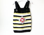 Tunic dress for 1-2T, Yellow, white and black Stripes. Granny square decoration