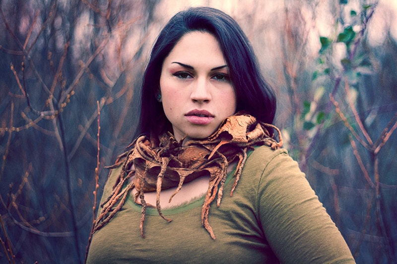 Felted lattice scarf, olive, golden orange, autumn colored, tribal, hand dyed by parvana OOAK