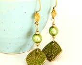 Moss Green Beaded Earrings. Olive Green Pearl Earrings. Green Connector Dangles. Beaded Jewelry.  Dangle Earrings.