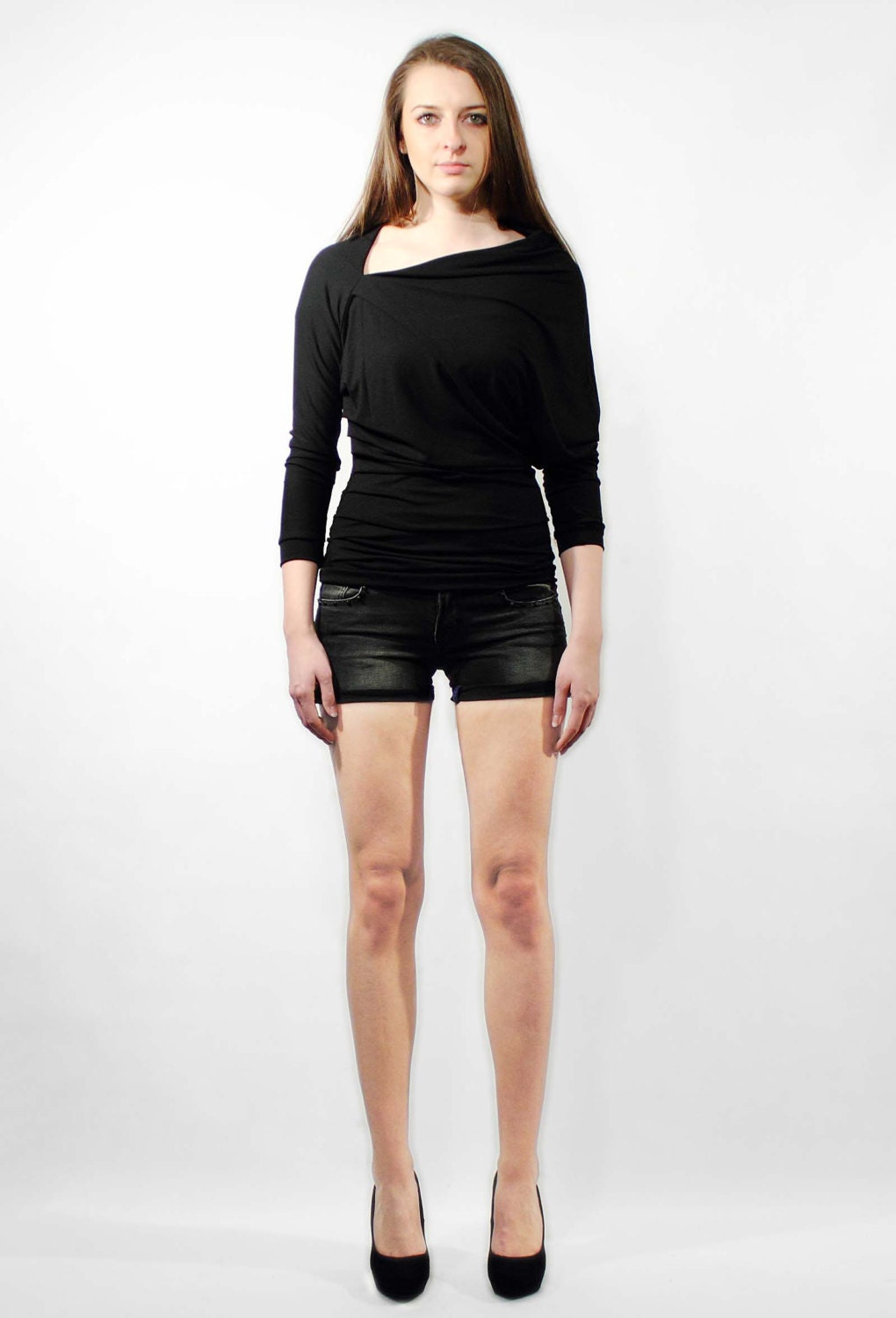 Black asymmetrical draped shirt, womens fashion